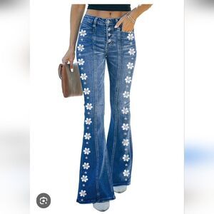 Boho Flare Hippie 60's Vibe Retro Coastal Cowgirl Floral Detail Jeans Size 1X